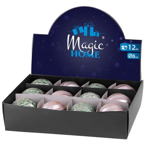 MagicHome karácsonyi gömbök, 12 db, 8 cm, rózsaszín-sárga, karácsonyi fény