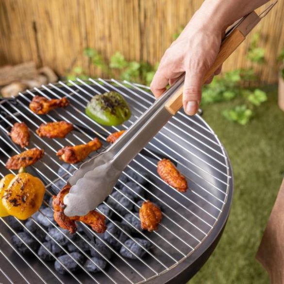 Rozsdamentes acél BBQ grill fogó csipesz, fa nyél borítással, 49 cm FF549