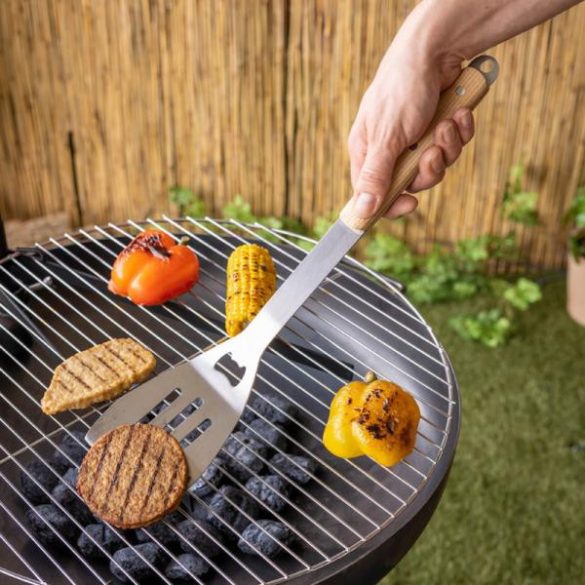 Rozsdamentes acél BBQ grill forgató lapát fa nyéllel, beépített üvegnyitóval, 44 cm FF550