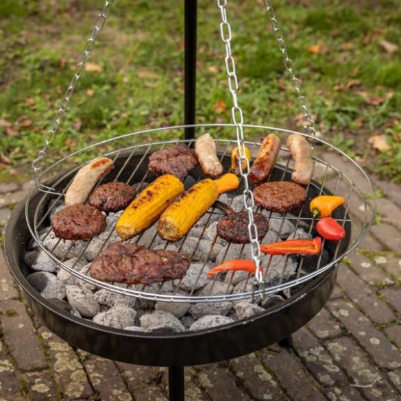 BBQ tűzrakó tál, állítható magasságú grillráccsal, három lábú állvánnyal, 157 cm FF562